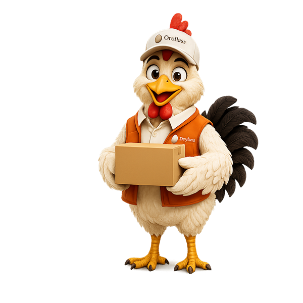 Mascote OvoPass — galinha entregadora com a caixa de ovos